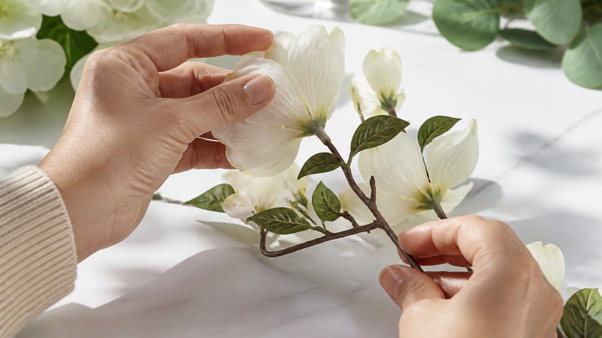 Close-up hands examining artificial flower petals and stem flexibility on a bright white surface, showing petal texture detail and leaf attachment points in natural daylight