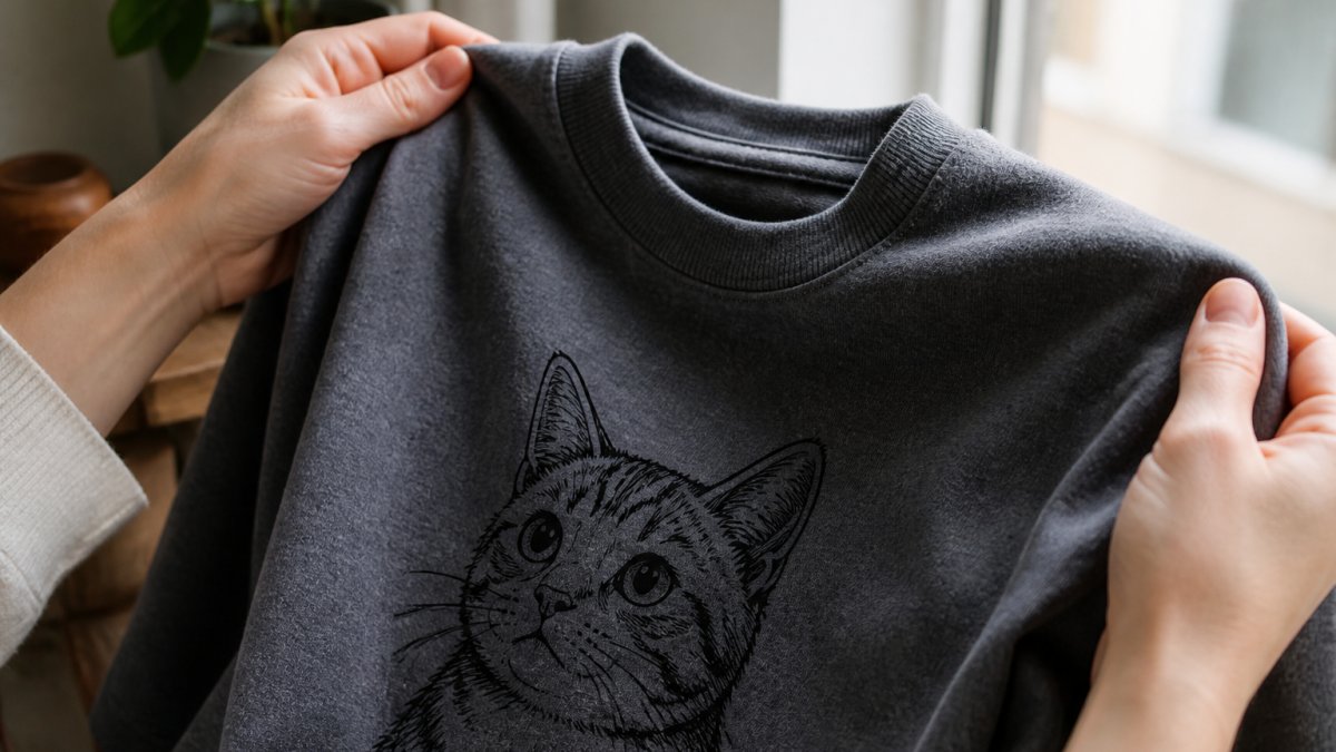 Close-up of hands holding a heavyweight cotton cat-themed t-shirt up to natural window light, showing the fabric texture and a hand-drawn cat illustration on the chest