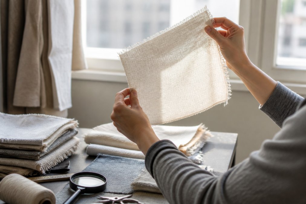 Close-up of hands holding a piece of natural fabric up to a window, testing transparency and weave density in natural light