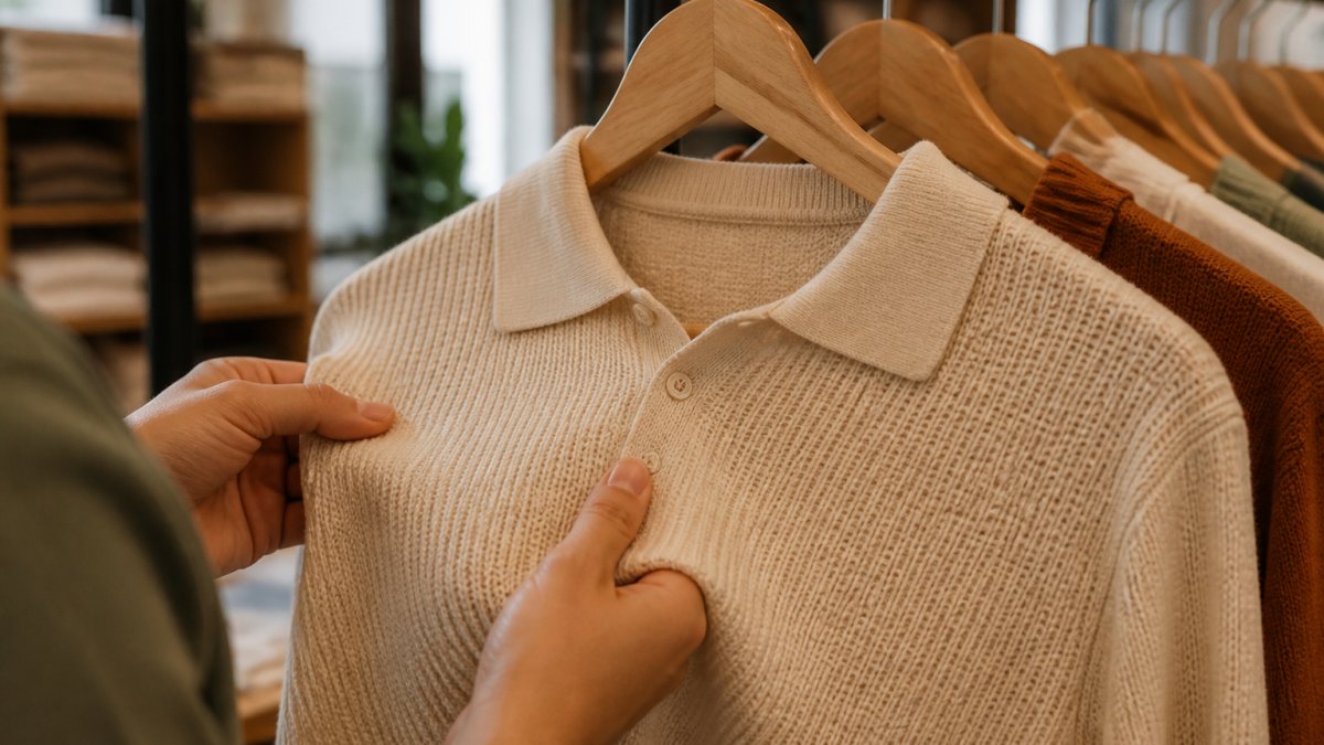 Close-up of a person's hands feeling the texture of a knitted cotton shirt on a hanger in a well-lit clothing store