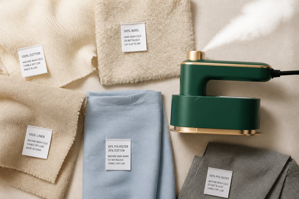 Flat lay of fabric swatches arranged on a light background showing natural fibers (cotton, wool, linen) and synthetic blends with care label tags visible