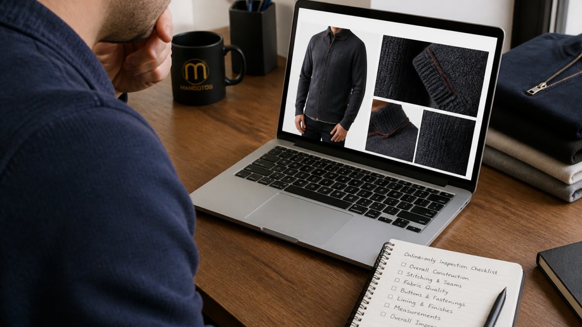 A person sitting at a desk with a laptop, closely examining a clothing product page with zoomed-in fabric photos on screen, a notepad with handwritten checklist items beside the laptop