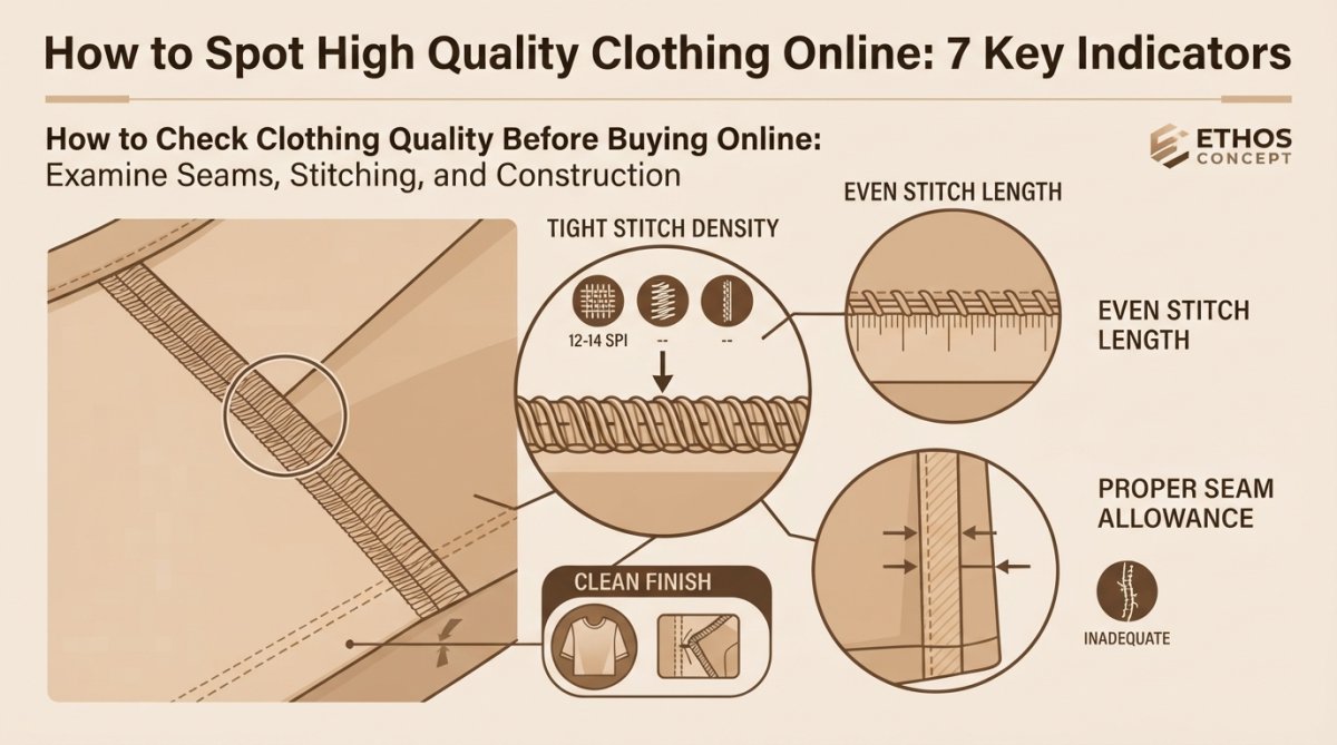 Close-up of high-quality seam stitching on a garment showing tight, even stitches with proper seam allowance and reinforced stress points