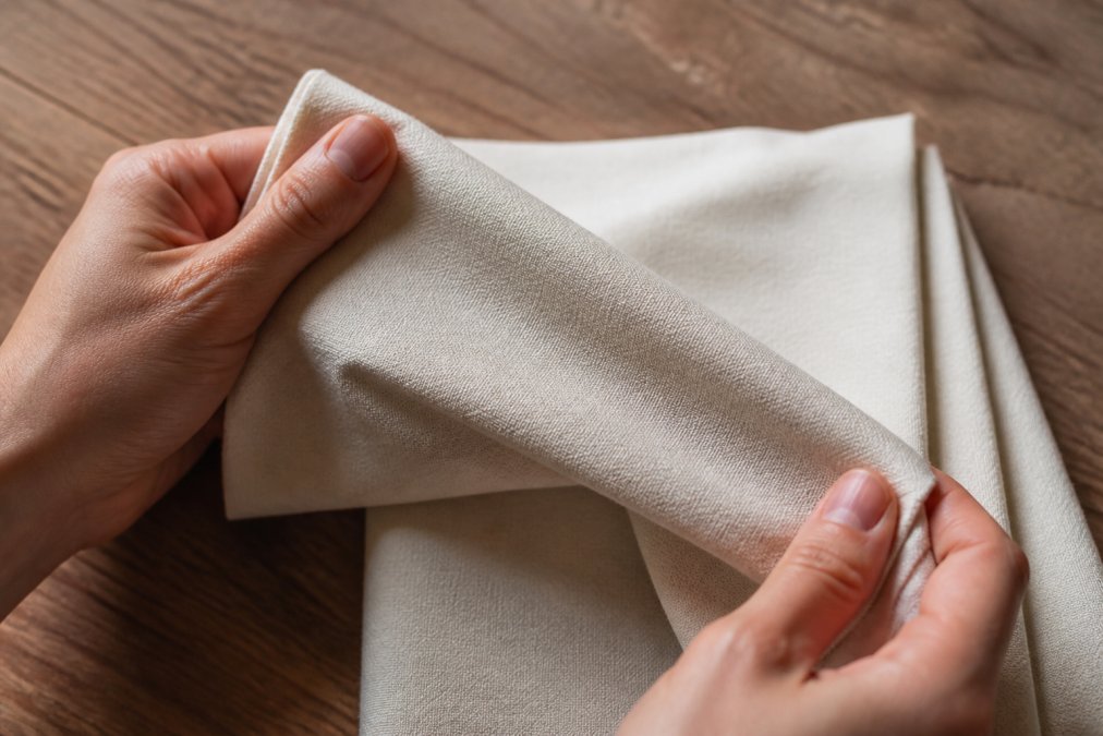 Close-up of a person's hands gently stretching a folded piece of natural cotton fabric between their fingers, showing the weave texture and soft drape against a warm wooden surface in soft natural light