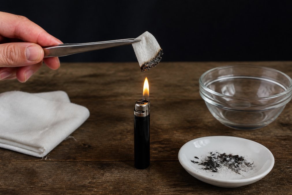 A small swatch of natural cotton fabric held carefully with metal tongs over a lighter flame, with soft grey ash forming at the burned edge, photographed against a dark neutral background