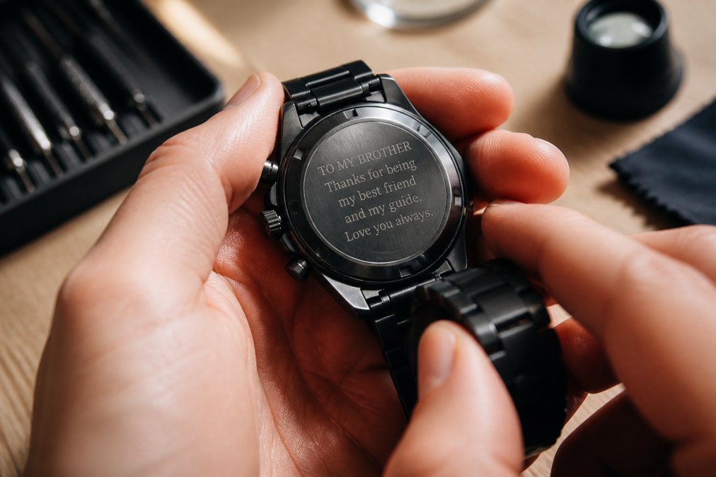 Close-up of hands holding a personalized black chronograph watch, inspecting the engraved text on the case back under bright natural light