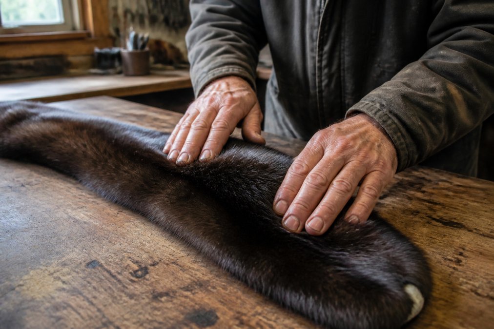 Furrier's hands gently stroking a mink pelt to examine the texture and suppleness of the fur pelts on a wooden workbench.