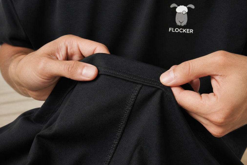 Close-up of hands inspecting a graphic t-shirt seam, showing double-needle stitching detail and flat-locked construction with careful attention to stitch density and alignment
