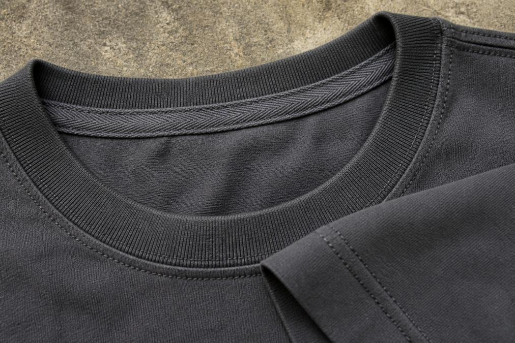 Close-up of a graphic tee neckline showing taped seams, double-needle stitching detail, and clean hem construction with visible thread lines and reinforced collar attachment