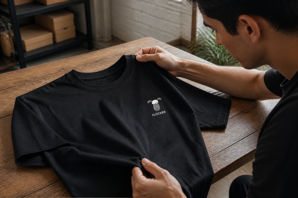 Hands carefully examining a premium graphic t-shirt, inspecting seams, fabric weight, and print quality with focused attention to detail and texture