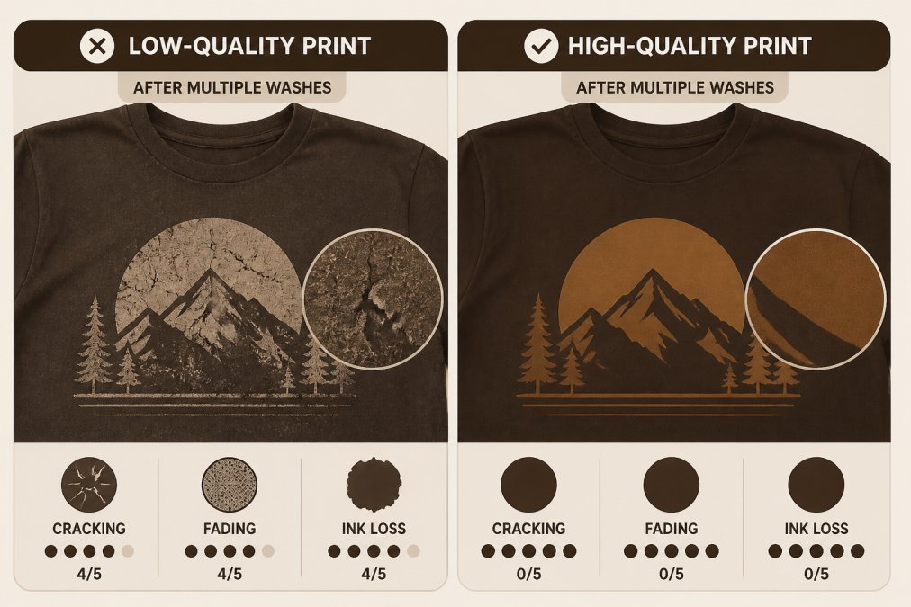 Side-by-side comparison of a cracked, faded graphic print on one tee versus a vibrant, intact print on another tee after multiple washes, showing ink degradation and loss of color saturation