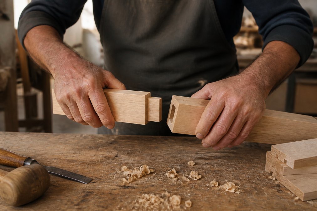 Close-up of skilled craftsperson's hands demonstrating traditional wooden furniture joinery techniques, showing mortise-and-tenon joint construction with natural workshop lighting and wood shavings