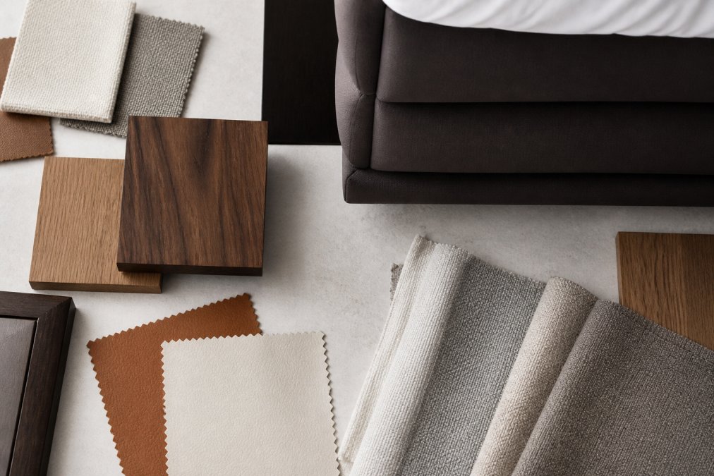 Overhead view of premium Italian furniture materials arranged on light surface: rich leather swatches in cognac and cream, solid walnut and oak wood samples showing grain, and luxury textile fabrics in neutral tones with natural diffused lighting