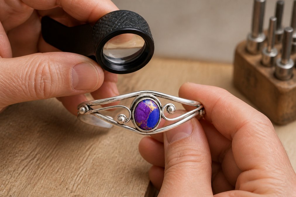 Close-up of a jeweler's hands holding a magnifying loupe while examining a gemstone setting with visible prongs securing a sparkling stone under bright light