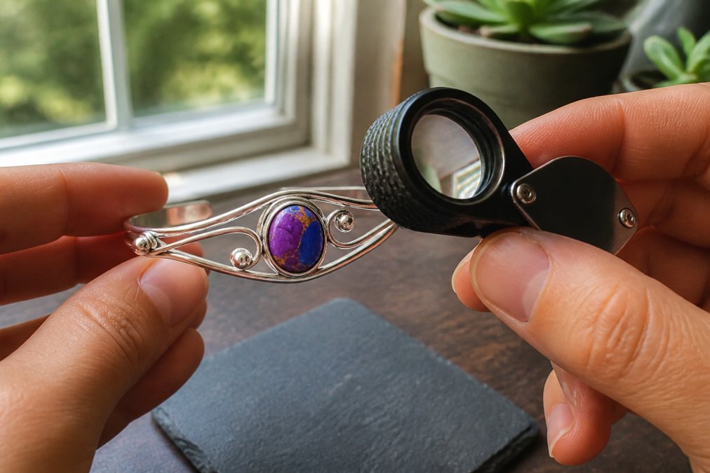 Hands holding a jeweler's loupe close to a silver-plated bracelet with gemstones, examining the intricate metalwork and stone settings under magnified view with natural window lighting