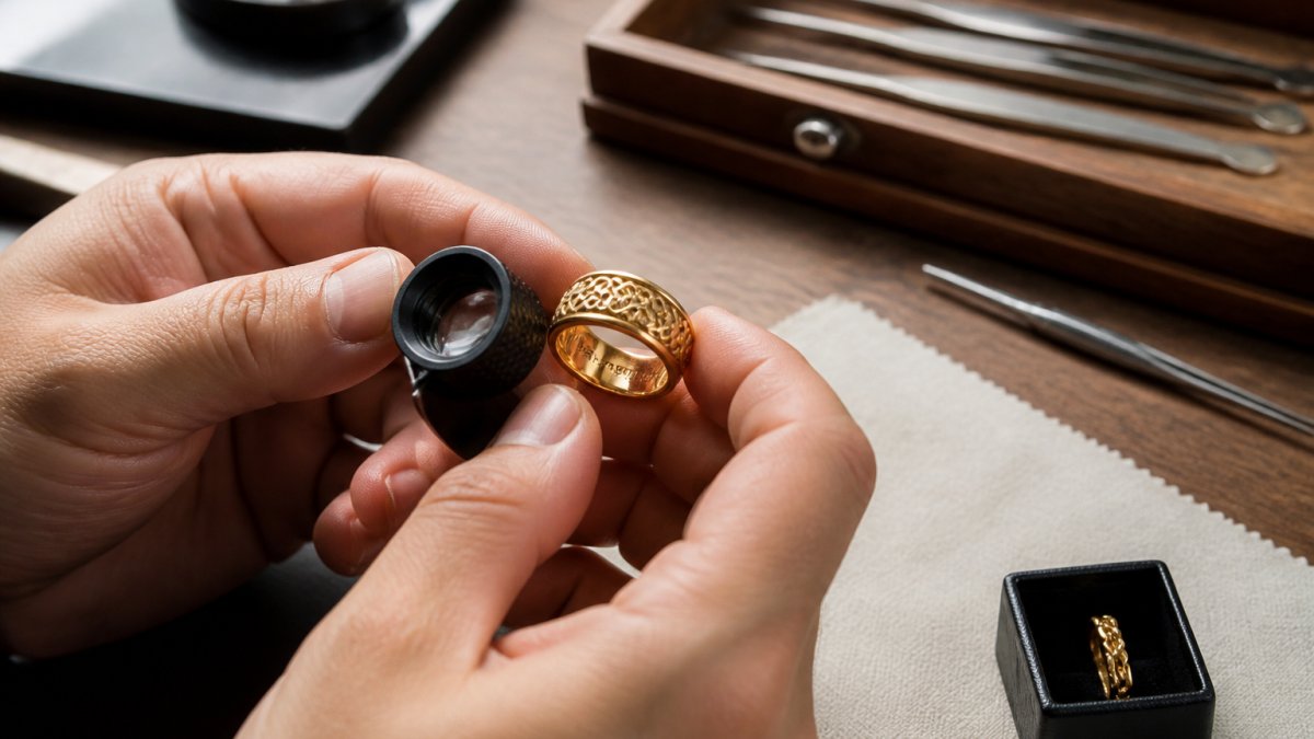 Jeweler using a magnifying loupe to inspect the karat hallmark inside an ornate gold ring