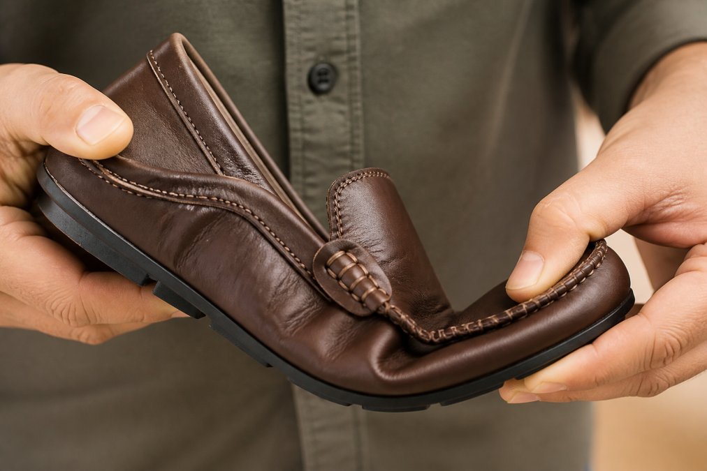 Close-up of a person's hands bending and flexing a dark brown leather shoe, showing natural creasing and grain texture under warm studio lighting