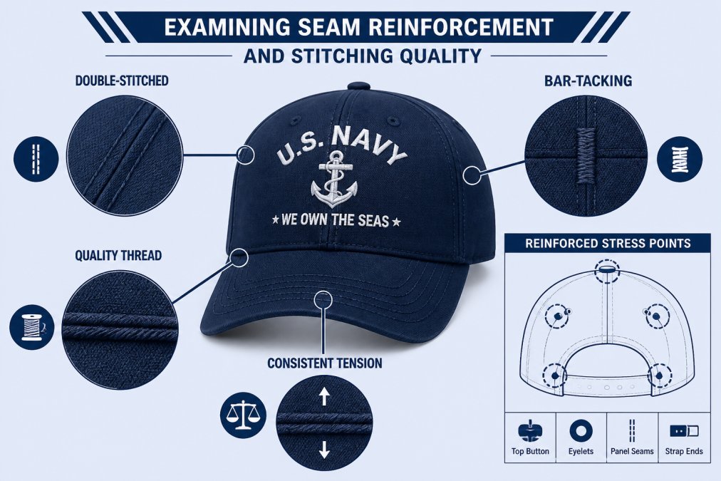Close-up of professional examining military apparel seams showing double-stitched construction and bar-tacking reinforcement at stress points, with visible thread quality and tension