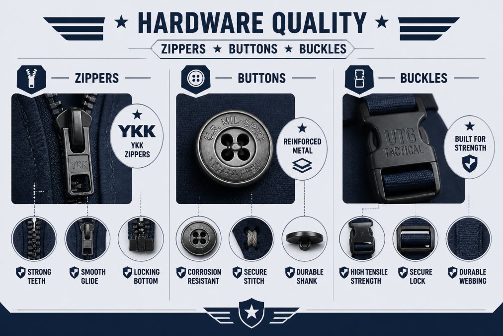 Military-grade hardware components displayed including YKK zippers, reinforced metal buttons, and tactical buckles showing quality markings and durability features
