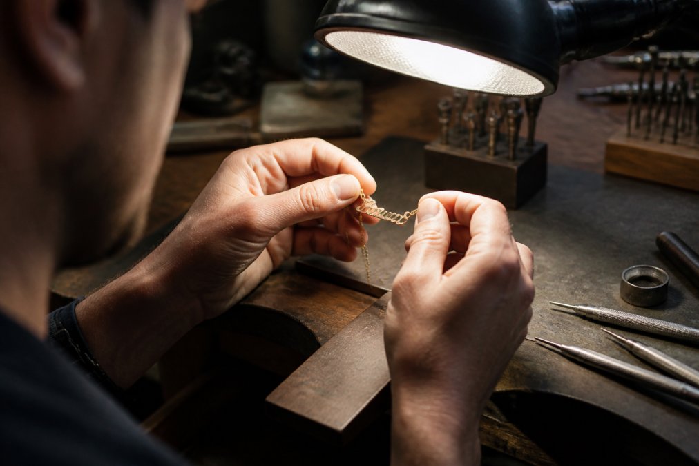 Close-up of a jeweler's hands inspecting an engraved gold name necklace under a bright work lamp, with engraving tools resting on the table