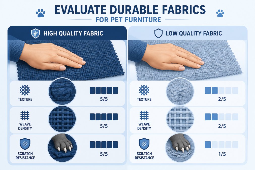 Pet owner's hand running across different upholstery fabric samples, examining texture, weave density, and comparing scratch-resistant finishes side by side