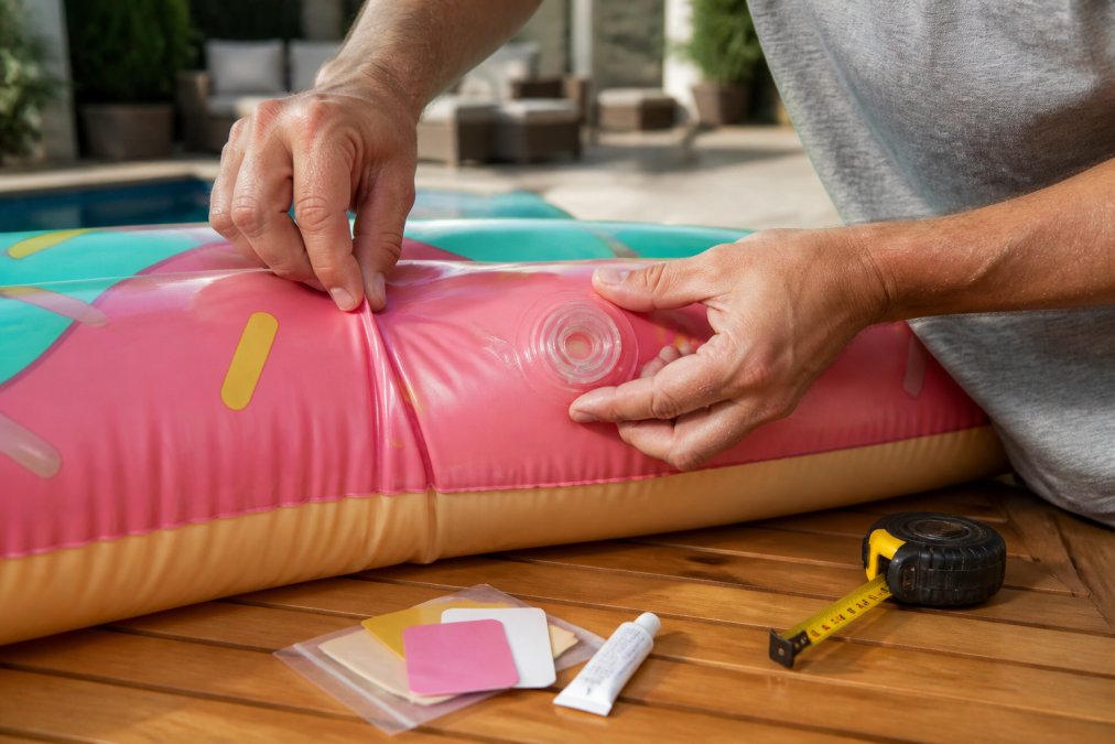 Close-up of hands inspecting the welded seam and wide-mouth inflation valve of a brightly coloured inflatable pool float on a sunny patio, with a patch kit and measuring tape nearby