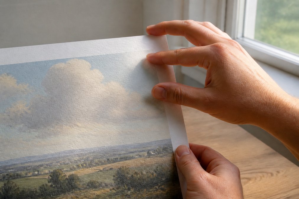 Close-up of hands carefully examining an art print's surface texture and finish under natural window light, showing detail of paper grain and quality