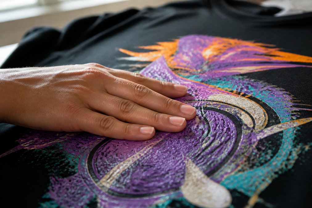Close-up of a hand running fingers across a vibrant graphic tee design showing raised screen-printed texture, with natural window light illuminating the fabric detail