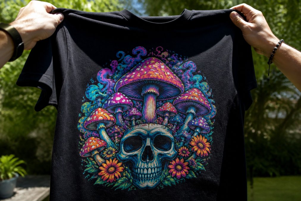Graphic tee held up to natural sunlight showing vibrant, consistent color saturation across the entire printed design with sharp detail and no fading