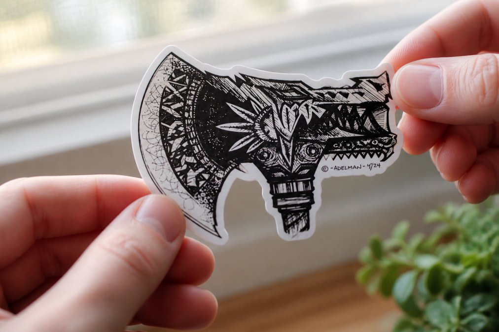 Close-up of hands examining the edge of a vinyl sticker under natural light, showing texture and seal quality