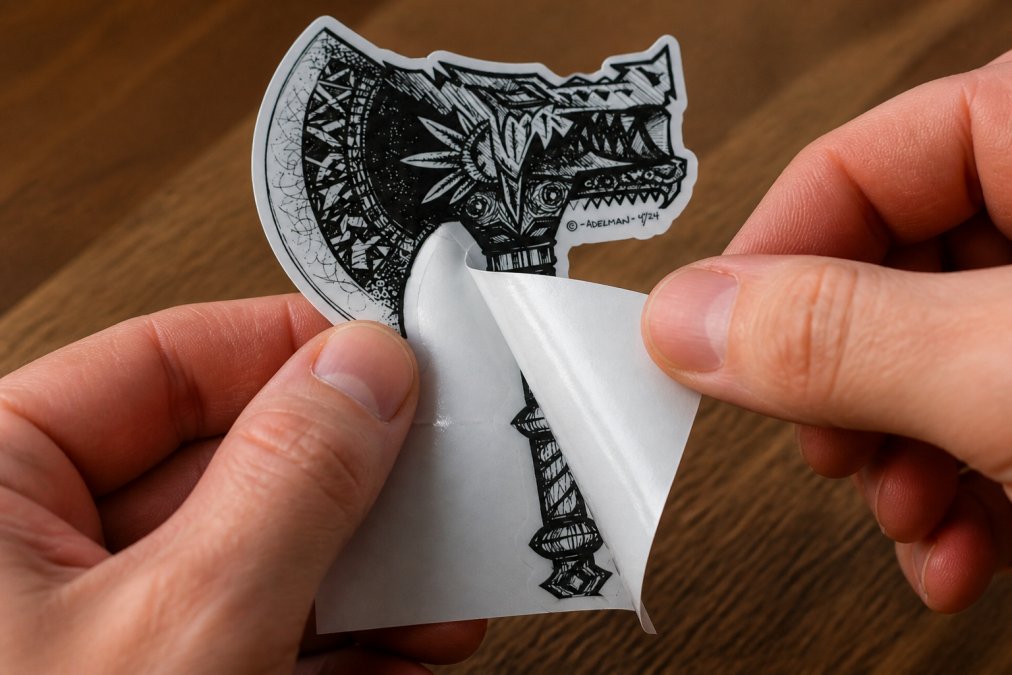 Person's hands carefully peeling a vinyl sticker from backing paper, showing clean separation and intact adhesive layer without residue