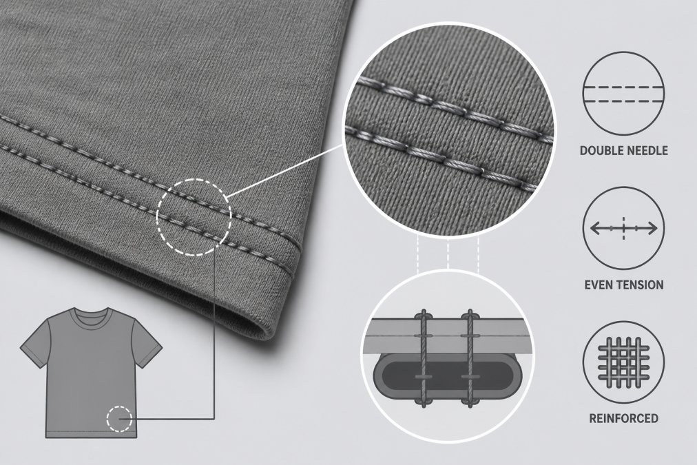 Close-up of double-needle stitching on a garment seam showing two parallel rows of precise thread with even tension and reinforced stitching detail