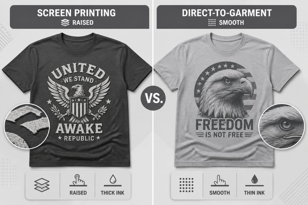 Flat lay of two streetwear t-shirts displayed side by side showing screen printed graphic with raised texture and direct-to-garment print with smooth finish, demonstrating visual and tactile differences in print quality