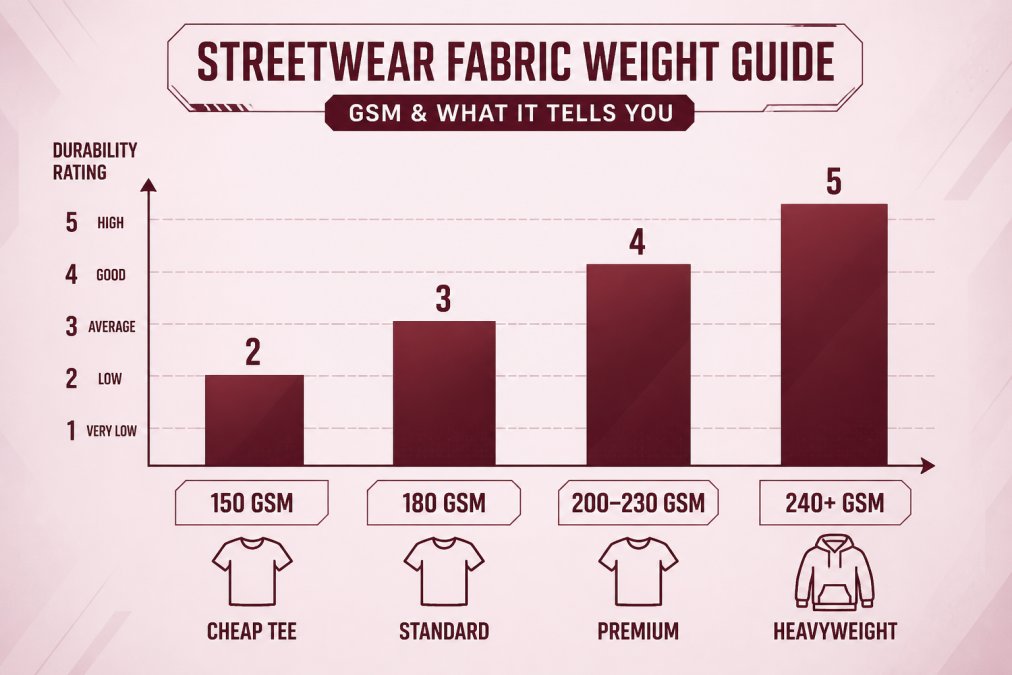 Bar chart comparing common streetwear fabric weights: 150 GSM (cheap tee), 180 GSM (standard), 200-230 GSM (premium), 240+ GSM (heavyweight) with durability ratings