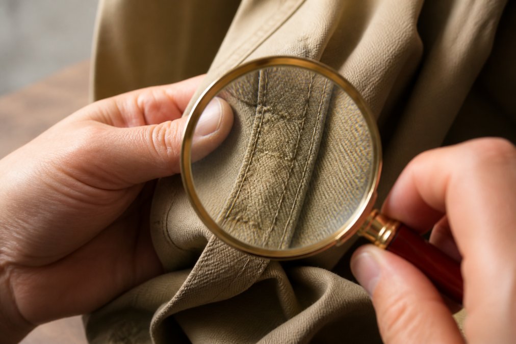 Close-up of hands examining detailed stitching on a garment seam with magnifying glass, showing thread quality and stitch density on fabric under bright natural light