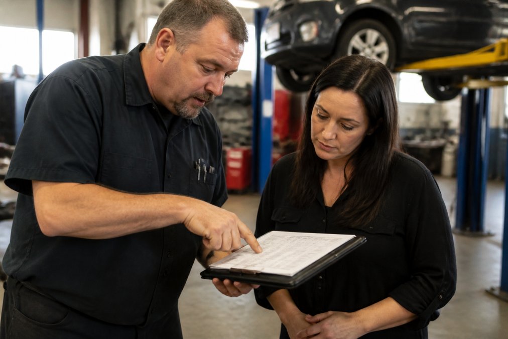 A service advisor pointing at a detailed, itemized repair invoice on a tablet screen while a car owner reads along in a clean, well-lit auto shop