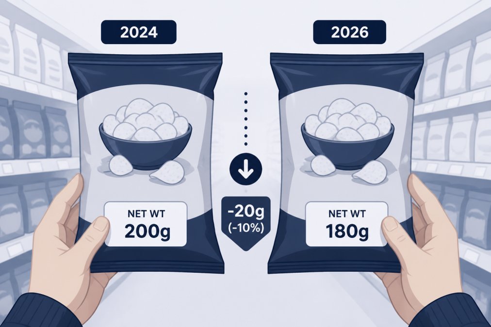 Hands comparing the net weight labels on two similar grocery packages to identify shrinkflation