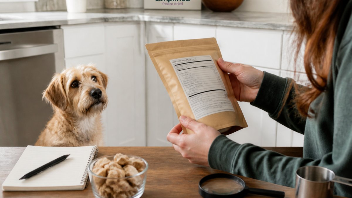 A close-up of a person's hands holding a dog treat bag, turning it over to read the ingredient panel, with a curious small dog sitting nearby in a bright home kitchen