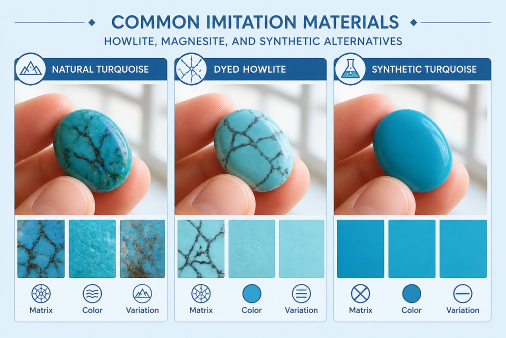 Hands holding and comparing three different stones side by side, natural turquoise, dyed howlite, and synthetic turquoise, showing visible color and texture differences under natural window lighting