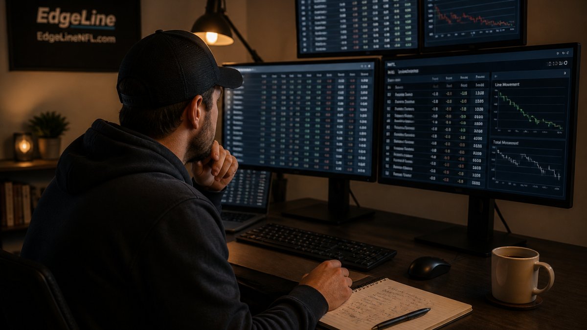 A sports bettor at a desk with multiple monitors displaying NFL odds and line movement graphs, with a notepad and coffee nearby, in a dimly lit home office