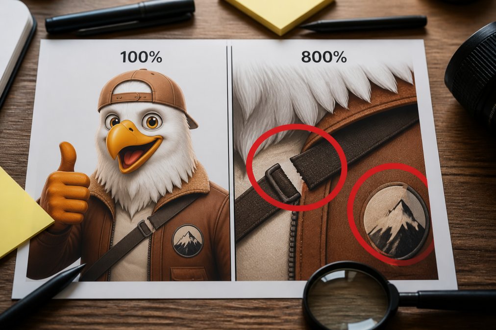 Split-screen comparison identifying flaws in AI images versus original graphic designs with warped text highlighted.