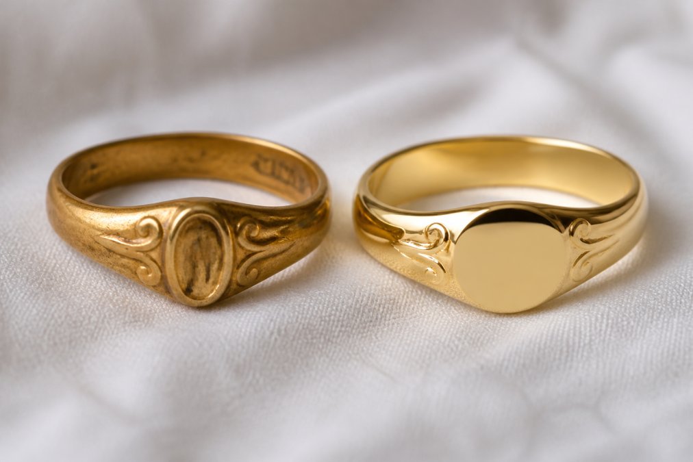 Close-up of two vintage gold rings positioned side by side on white cloth: one displaying subtle patina with visible maker's mark and natural wear patterns, one with uniform mirror-bright polish obscuring surface details