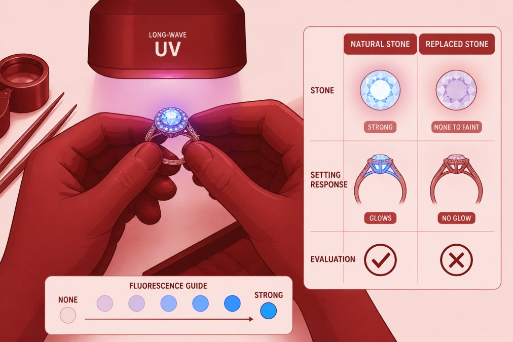 Jeweler's hands holding a vintage diamond ring under long-wave UV light in a darkened workspace, examining the stone's fluorescence pattern and comparing it to the setting's response