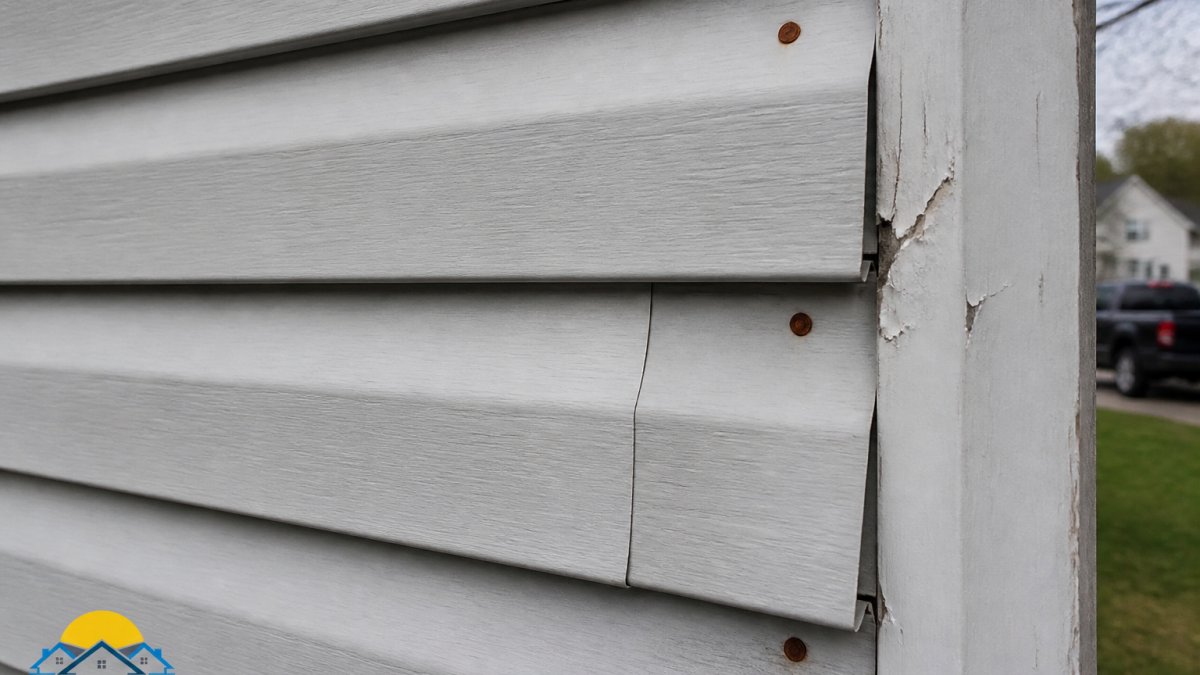 Diagram showing signs of poor siding installation including misaligned edges, visible gaps, and rusty fasteners.
