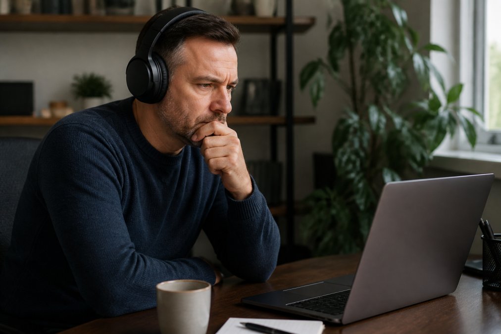 A person wearing over-ear headphones sitting at a desk, listening intently with a slight frown, a laptop showing an audiobook waveform on screen beside them