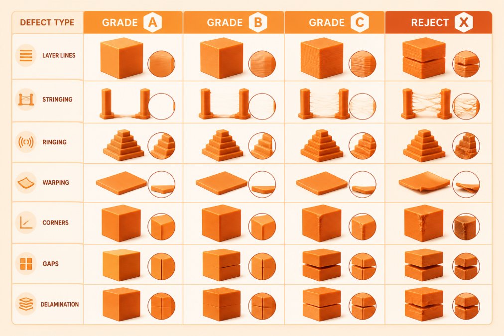 Grading matrix comparing 3D print defect severity from A-grade surfaces to rejected parts with structural failures.