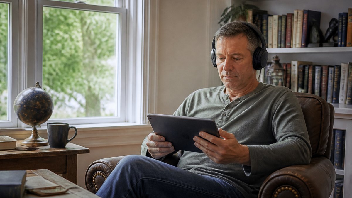 Person wearing headphones sitting in a comfortable chair with a tablet in hand, focused on listening to an audiobook sample in a quiet home environment with natural daylight