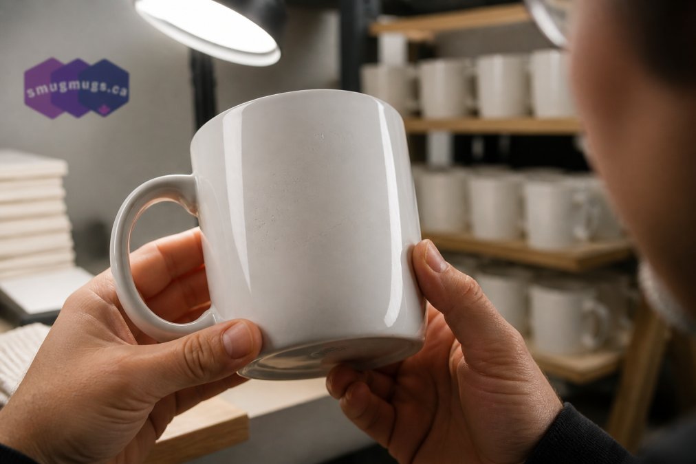 Hands holding a ceramic mug under bright light to inspect the glaze for pinholes and fine surface cracks