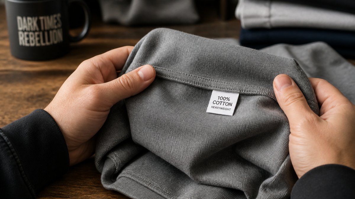 Close-up of hands examining the fabric weight and texture of a heavyweight grey T-shirt, with a clothing tag visible showing cotton details