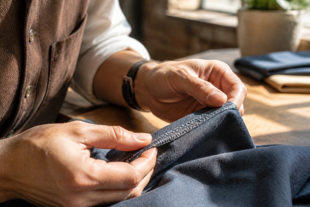 Hands inspecting the precise internal stitching and fabric weave of a garment in natural window light